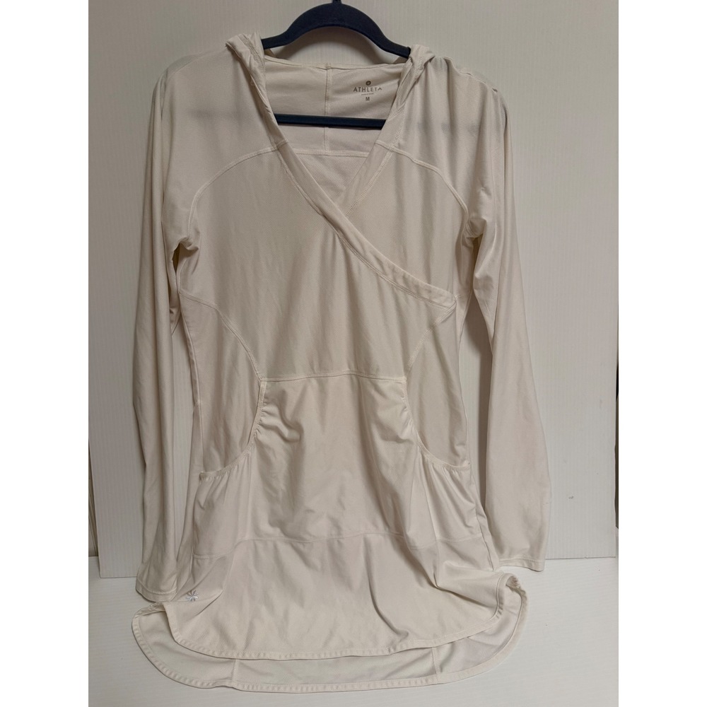 Athleta Womens Cream Long Sleeve Hooded Tunic Wrap Neck Kangaroo Pocket Medium